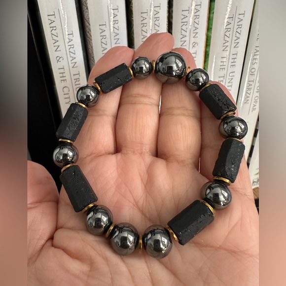GUNPOWDER HEMATITE + BLACK TURMALINE  NATURAL STONES BRACELET size 7.5” - Picture 8 of 8